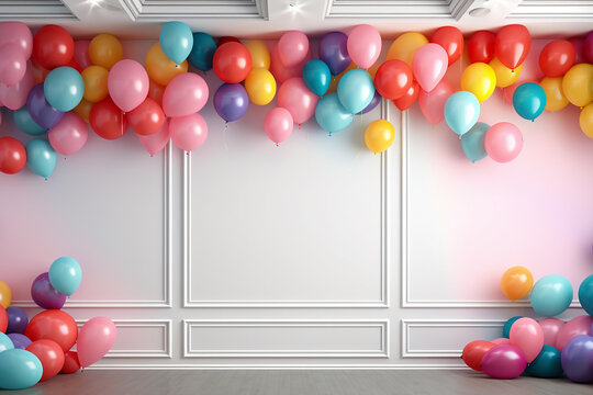 Generative AI Image of Colorful Balloons Decoration with Blank Space on White Wall Background