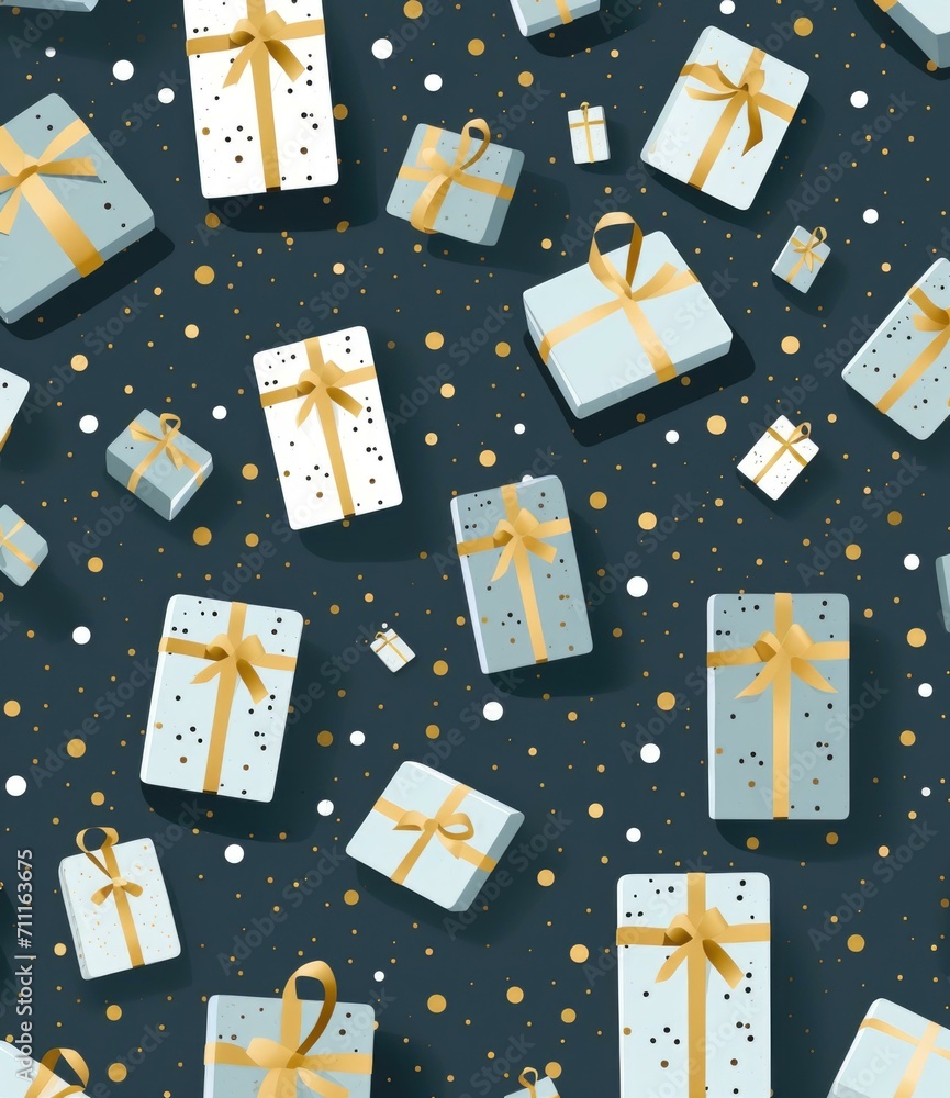 Poster seamless pattern with gift boxes on a dark background. generative ai.