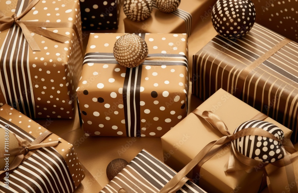 Poster many wrapped presents with brown and white polka dot patterns. generative ai.