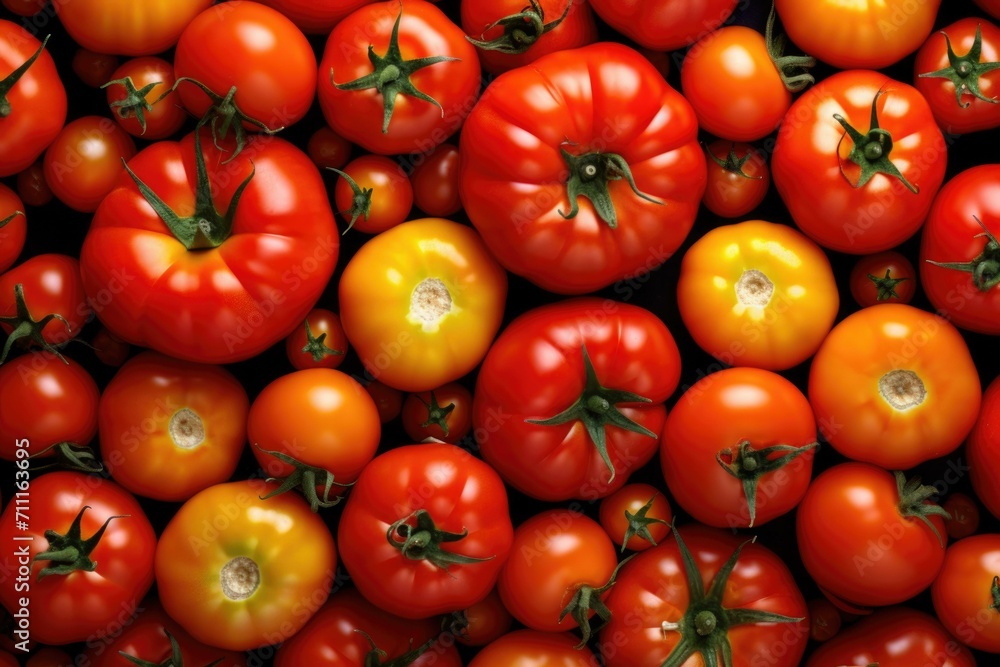 Poster a large group of tomatoes with green stems. generative ai.