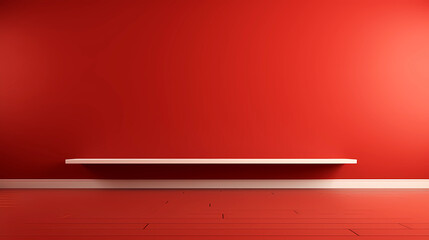 Empty shelf on red wall background, banner for product display montage, template, mock up