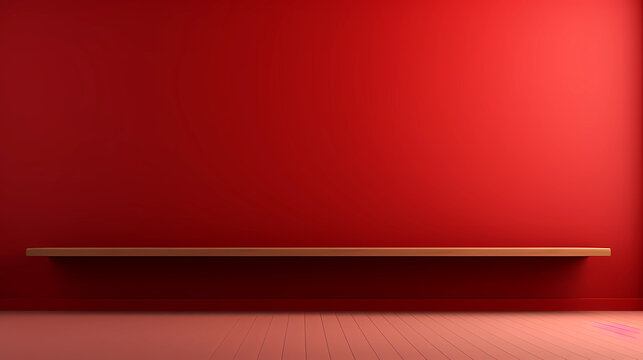 Empty shelf on red wall background, banner for product display montage, template, mock up