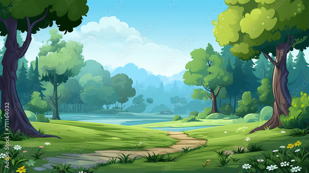 Wall mural seamless cartoon nature forest with blue sky background illustration