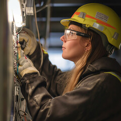 Female commercial electrician at work on a fuse box, adorned in safety gear, yellow helmet