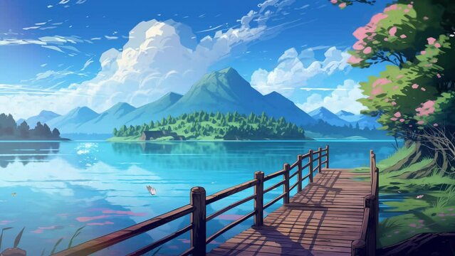 Animated illustration of a wooden bridge on a lake, with natural mountain views. illustration of a lake view which is suitable for a comfortable atmosphere. Animated background.