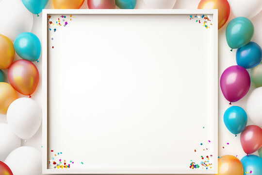 Generative AI Image of Empty Photo Frame with Colorful Balloons Decoration