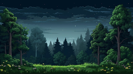 spring or summer night forest horizontal seamless pixelated backdrop for 8-bit games. - obrazy, fototapety, plakaty