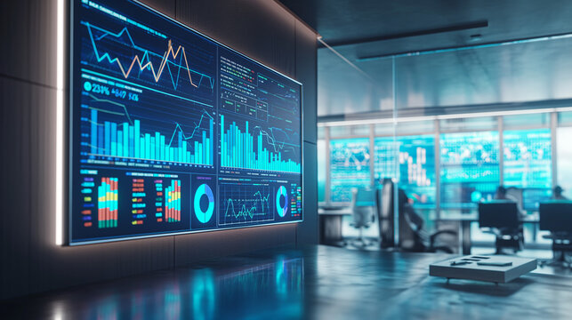 A trading floor environment with sophisticated digital displays showing various financial data and analytical graphs.
