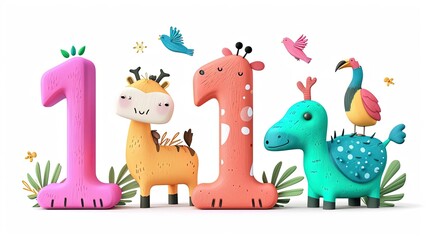 animals cartoon with 1 number