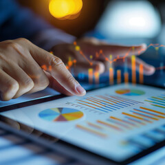 A user's finger touches a tablet screen displaying colorful financial charts, signifying interaction with digital financial analysis tools in a dimly lit setting. 