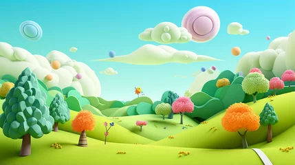 Fotobehang stylized funny cartoon green summer landscape with tree © Aura