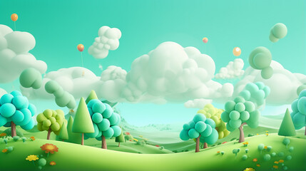 stylized funny cartoon green summer landscape with trees and cloudy sky