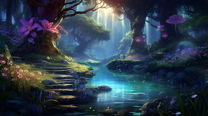 the fantasy forest morning by the riverside with fantastic realistic and futuristic about games,