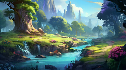 the fantasy forest morning by the riverside with fantastic realistic and futuristic about games