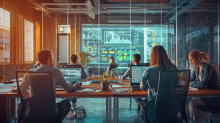 A dynamic tech team collaborates in a modern office, engaged with interactive digital displays for data analysis in a warm, industrial workspace.
