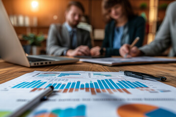 Business professionals in a meeting focus on analyzing growth charts and financial data, with a blurred background emphasizing the detailed paperwork.
