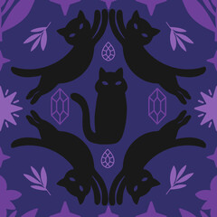Black cat spiritual seamless pattern. Hand drawn cats crystal and stars on dark violet background 