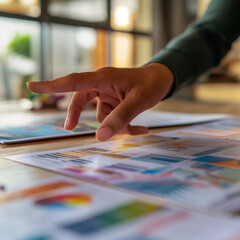 Close-up of a business professional's hand pointing at colorful charts and graphs during a financial analysis session in an office environment.

