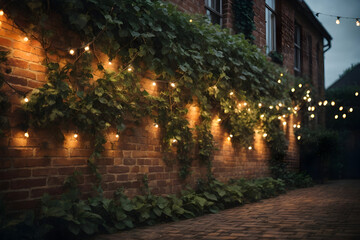 Fototapeta premium Beautiful Vine Covered Brick Wall with Rope Lighting Accent for Wallpaper or Background Generative AI