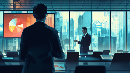 A silhouetted business leader watches a presentation with pie charts in a high-rise office overlooking the city at dusk.
