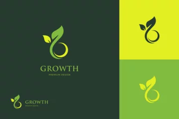 Fotobehang growing leaf logo icon design, circle Earth with plant graphic element, symbol, sign for green Earth Day, nature globe and greening earth logo template © Agung