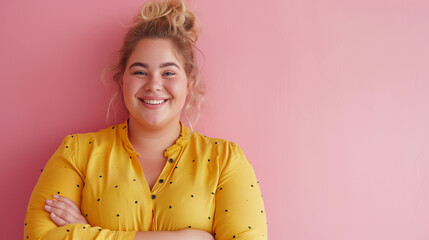 Beautiful chubby woman smiles confidently wearing a yellow dress. standing on purple background. Body Positive - obrazy, fototapety, plakaty