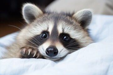 Cheerful cute racoon lying on white blanket. Funny forest animal character with funny face dreaming in bed at home. Exotic domestic pet concept