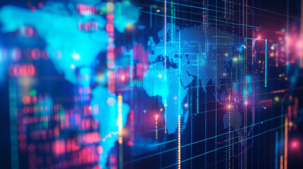 A futuristic visualization of financial data analysis with glowing charts superimposed on a digital world map, symbolizing the global impact of financial markets.
 - obrazy, fototapety, plakaty
