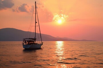 A Sailboat Is Sailing Along The Ocean Against A Colorful Sunset Sky