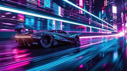 A sleek, silver futuristic car glides through a neon-lit cityscape. Generative AI.