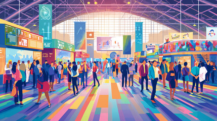 A vibrant illustration of a busy trade show event, with attendees walking through exhibits under a spacious, brightly colored venue.
