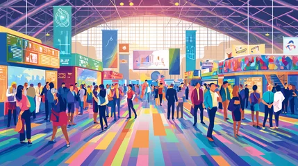 Fotobehang A vibrant illustration of a busy trade show event, with attendees walking through exhibits under a spacious, brightly colored venue.  © kitidach