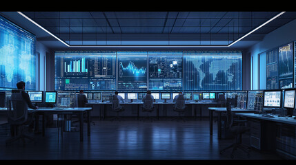 Wide-angle view of a corporate finance team analyzing data, multiple screens showing live financial statistics