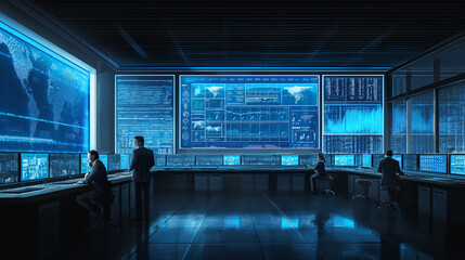
Professionals working in a futuristic control room, monitoring global data on large screens, depicting a high-level surveillance or command center operation.
