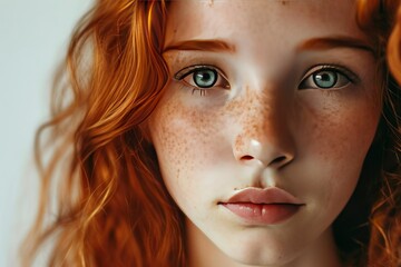 Close up face of young red ginger freckled woman with ginger hair and perfect healthy freckled skin, looking at camera
