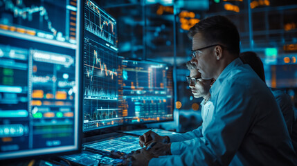 Data Analysts Working on Financial Market Insights,Two data analysts are deeply focused on analyzing financial market trends displayed on large monitors in a dark, high-tech office environment.

 - obrazy, fototapety, plakaty