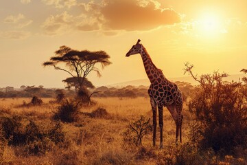 Giraffe in the African savanna against the background of the orange sunset.