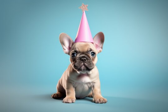 Happy cute dog wearing in party hat celebrating at birthday party isolated on blue background. Greeting card, banner, postcard, poster, print, design with copy space