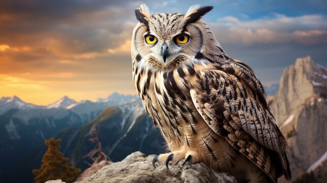 Powerful eagle owl gazing down from the heights of a rocky mountain peak.