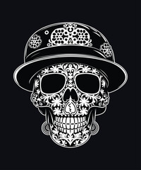 Skull in hat and floral pattern. Vector illustration on dark background.