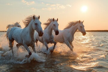 Beautiful white horses galloping on the water at soft sunset light