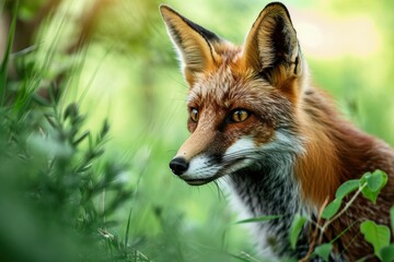 Fototapeta premium Red Fox, Vulpes vulpes, close up portrait with bokeh of pine trees in the background. Making eye contact.