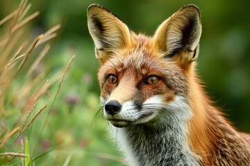Fototapeta premium Red Fox, Vulpes vulpes, close up portrait with bokeh of pine trees in the background. Making eye contact.