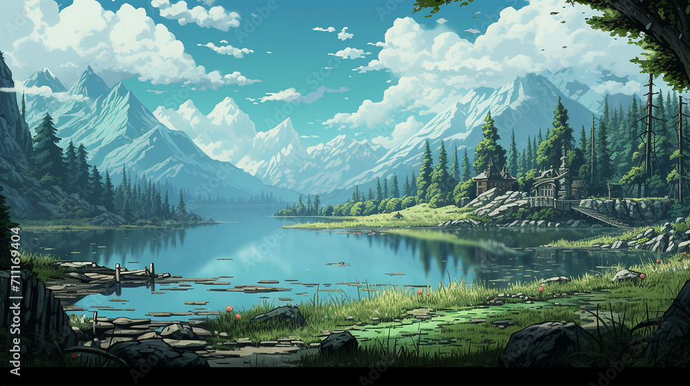 Wall mural pixel art scene with beautiful nature view in lake with mountain view