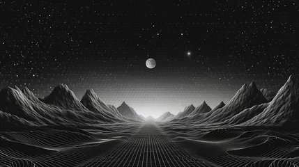 Zelfklevend Fotobehang retro dotwork landscape with 80s styled laser grid planet, sun and stars background © Aura