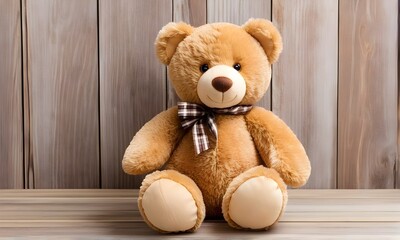 Brown teddy bear with bow on wooden background. Copy space. Valentine's Day, birthday, or baby shower greeting card	