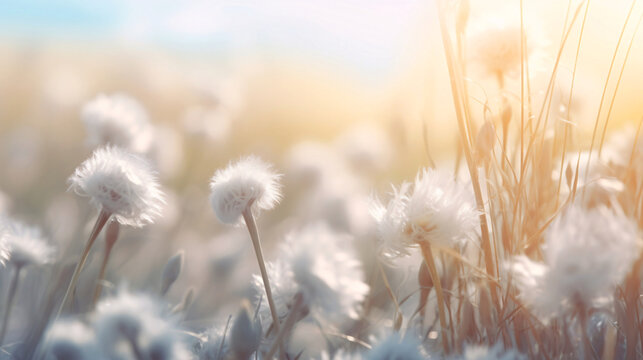 風に揺れる白いアザミの花の綿毛、自然風景