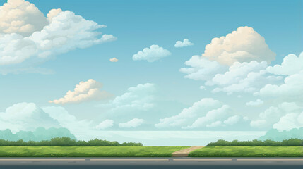 road for cars bushes ocean and sky with clouds grow. Background horizontal pixel art texture - obrazy, fototapety, plakaty