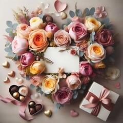 Valentine's card with flowers surrounding it in the shape of a heart