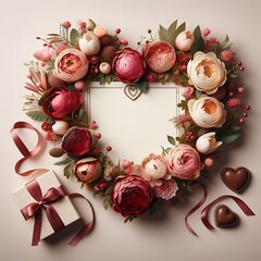 Valentine's card with flowers surrounding it in the shape of a heart